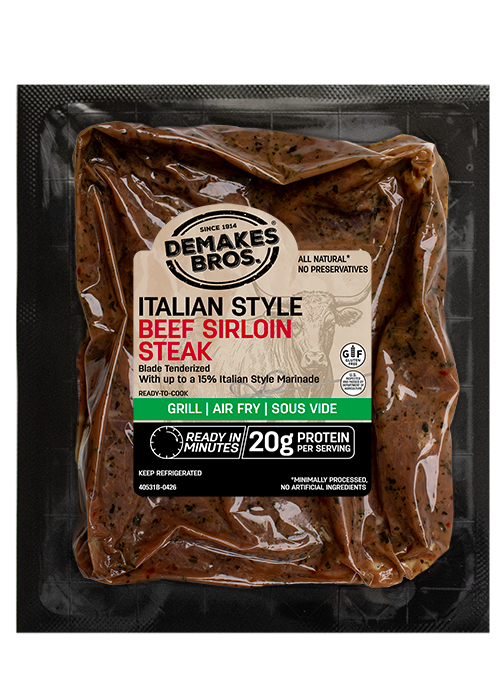 Demakes Brothers-Italian-Style-Marinated-Beef-Sirloin-Steak Package Front