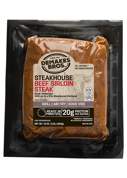 Demakes Brothers-Steakhouse-Marinated-Beef-Sirloin-Steak Package Front