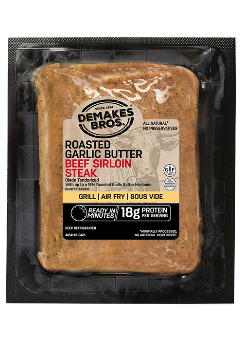 Demakes Brothers-Roasted-Garlic-Butter-Marinated-Beef-Sirloin-Steak Package Front
