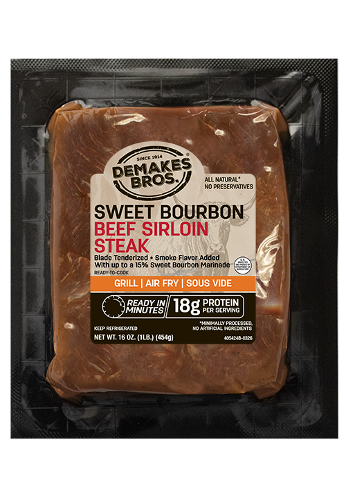 Demakes Brothers-Sweet-Bourbon-Marinated-Beef-Sirloin-Steak-Package Front